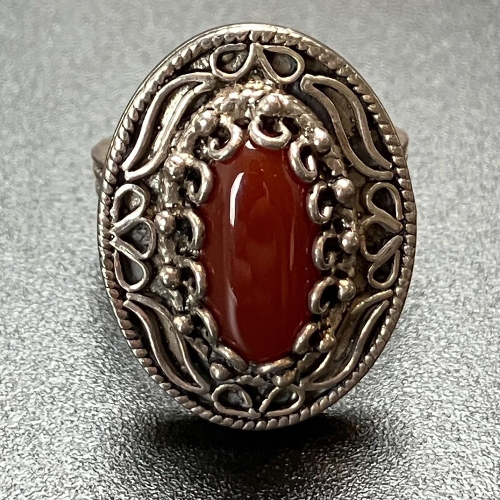 925 Sterling Silver Carnelian Filigree Ring Turkish DGS Cocktail Size 7